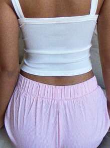 SHEIN EZwear 女裝夏季海灘假期條紋紐扣短褲，舒適短褲 - 粉色 - 查看 2