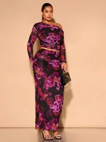 SHEIN BAE 大码秋季优雅性感女式全身大花网眼印花不对称露肩长袖T恤和长裙女士两件套仙女核心套装，度假装 - 黑色 - 查看 4