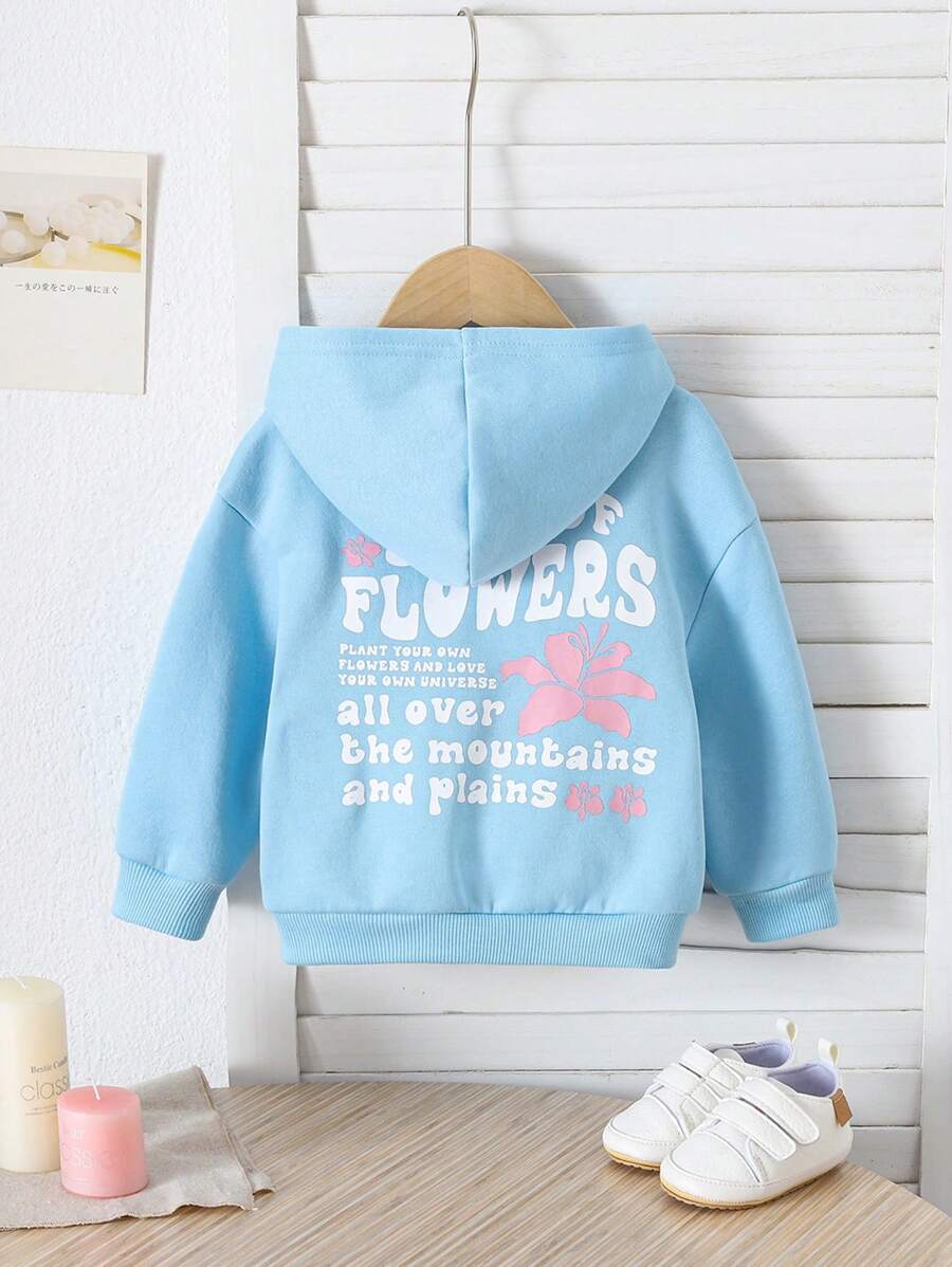 SHEIN 女婴卫衣，蓝色字母印花针织衫，适合户外、休闲、购物、聚会等场合，秋冬季穿着 - 藍色 - 查看 1