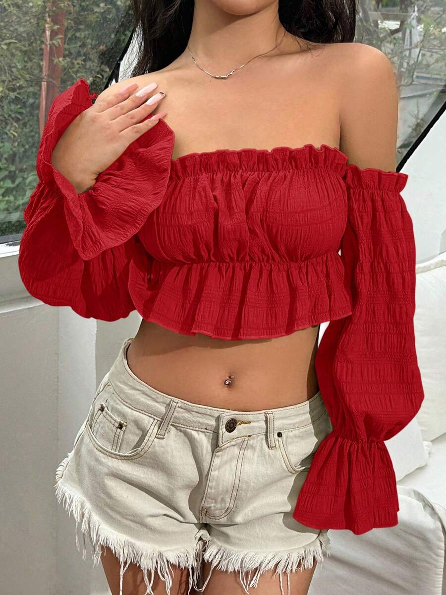 SHEIN Unity 女士度假纯色荷叶边露肩长袖短款时尚衬衫荷叶边上衣 - 紅色 - 查看 1