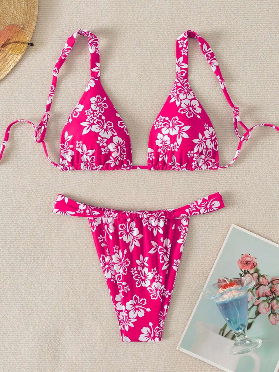 SHEIN Swim 1 Set Women Fashion Backless Top And Allover Print Bottom Bikini, Floral Print Random Summer - Hot Pink - View 1