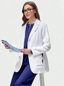 TaskEZ Women's Solid Color Flat Collar Button Front Long Sleeve Pockets Regular Jacket, Lab Coats