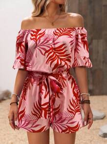 Breezaya Women's Tropical Plant Print Ruffle Off-Shoulder Belted Jumpsuit - Multicolor - View 3