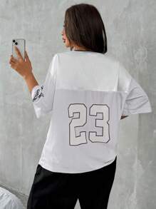 SHEIN EZwear 女士针织网眼宽松图案印花 T 恤 - 銀色 - 查看 2