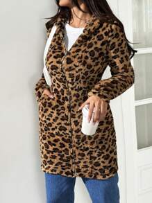 SHEIN EZwear Abrigo con capucha con cremallera y estampado de leopardo de franela para otoño/invierno - Marrón - Ver 5