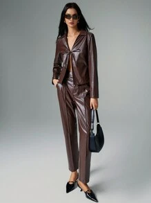 Poéselle 棕色高腰PU仿皮裤，棕色皮裤，直筒裤，正装裤，皮裤，秋装，秋冬装，办公室商务裤，万圣节裤，通勤日常休闲裤 - 棕色 - 查看 2