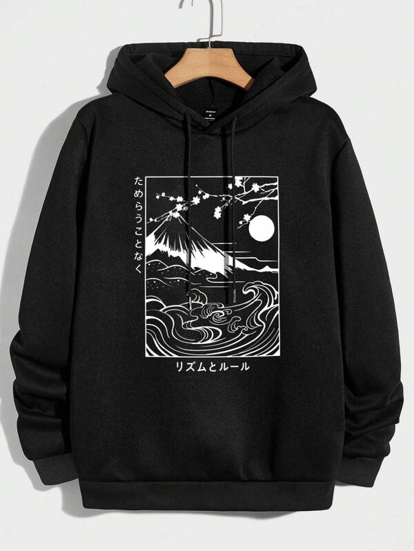 RueChic Bărbați japonez Letter & Mount Print Hoodie cu șnur pentru toamnă și iarnă