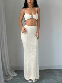 SHEIN Unity 2 件套女士夏季休闲搭配镂空短款吊带背心和针织裙白色两件套 - 杏色 - 查看 4