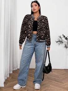 SHEIN EZwear Plus Size Women's Leopard Print Short Jacket Coat For Autumn Winter - Multicolor - View 6