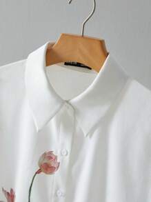 Mulvari Áo sơ mi nữ tay dài cổ in hoa sen, áo sơ mi cài nút, mặc đi làm/đi học/mặc thường ngày - trắng - Xem 4