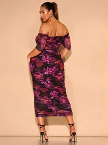 SHEIN BAE 大码女式网眼花卉印花夏季优雅弹力网眼单肩褶皱中长连衣裙 - 彩色 - 查看 2