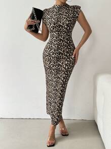 SHEIN Clasi Sleeveless Leopard Print Midi Bodycon Dress - Multicolor - View 3