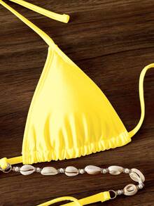 SHEIN Swim 女士纯色露背系带比基尼上衣，休闲度假夏季 - 黃色 - 查看 5