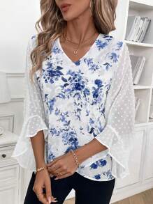SHEIN Clasi Women's Spring & Summer Floral Print Contrast Mesh Flare Sleeve V-Neck Elegant Fall Clothes Halloween Costume Fall Wedding Winter Women Clothes Guest Fall Women Shirts Halloween Women Shirtswork Women Blouses Homecoming Blouse - Blue and White - View 5