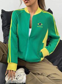 Muchica Women's Casual Raglan Sleeve Brazil National Flag Color Block Baseball Jacket, Spring Autumn - Green - View 4