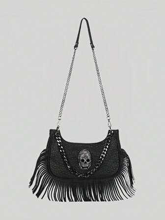 Goth Women Gothic Punk Chain Skull Decor Tassel Shoulder Bag For Halloween
