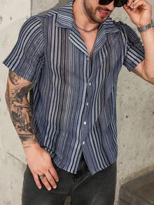 Manfinity Homme 大码男士休闲海军蓝条纹短袖衬衫，夏季 - 藏蓝色 - 查看 4