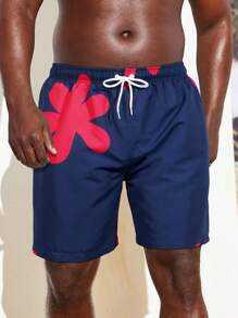 Manfinity Swimmode Plus Size Men's Floral Print Beach Shorts With Drawstring Waist