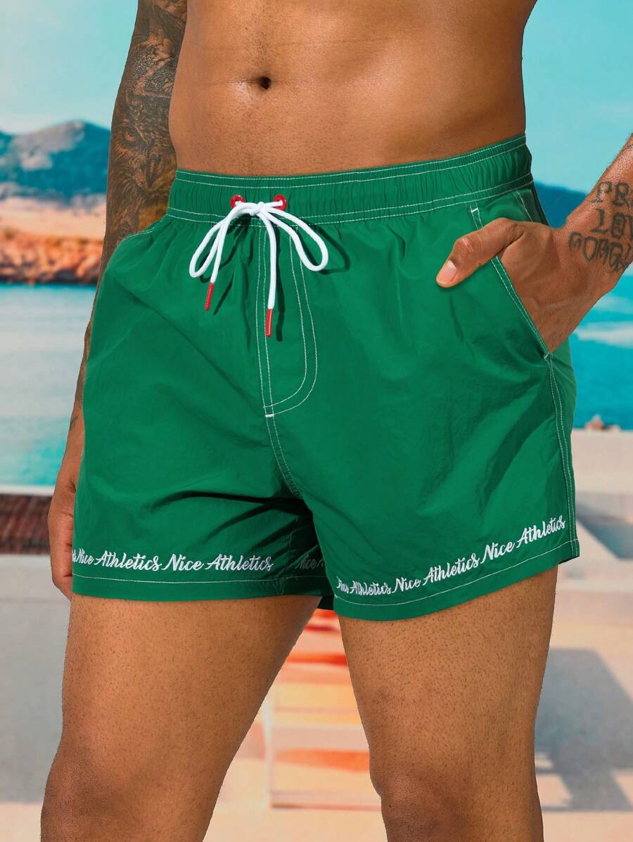 Surfspeed Men's Letter Printed Drawstring Waist Casual Beach Shorts - Green - View 1