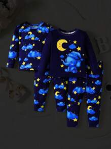 SHEIN 4 件套男婴舒适星月大象图案针织长袖衬衫和长裤睡衣套装 - 藍色 - 查看 5