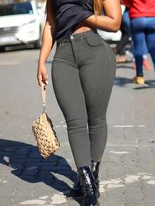 Women's Solid Color Front Button Multiple Pockets Casual Pants, Suitable For Daily Wear And Business - Dark Grey - View 5