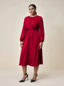 BizChic Đầm công sở thanh lịch thắt eo dệt trơn màu cỡ lớn - Đỏ - Xem 4