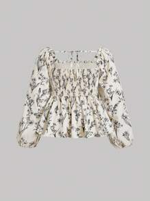 SHEIN MOD Camisa para mujer de talla grande con estampado floral vintage negro sobre fondo albaricoque, busto fruncido y bajo acampanado