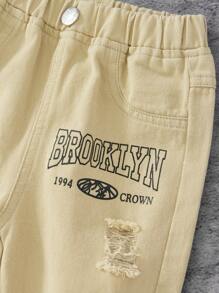 Baby Boys Casual Distressed Printed Soft Denim Tapered Pants, 4 Seasons - Khaki - View 4