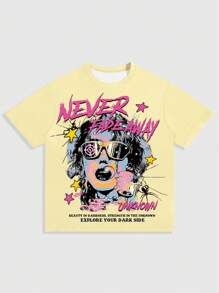 ROMWE MEN Street Life 男士艺术肖像图案印花圆领短袖 T 恤，夏季 - 彩色 - 查看 1