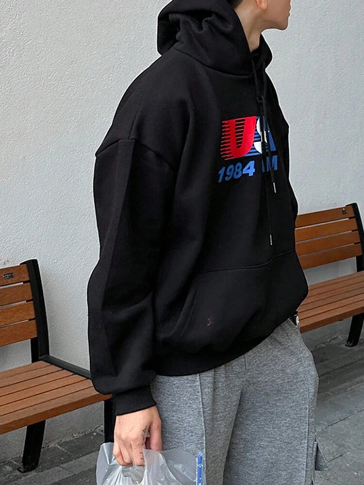 Men's Drawstring Letter & Number Print Hoodie, Streetwear Style, Autumn