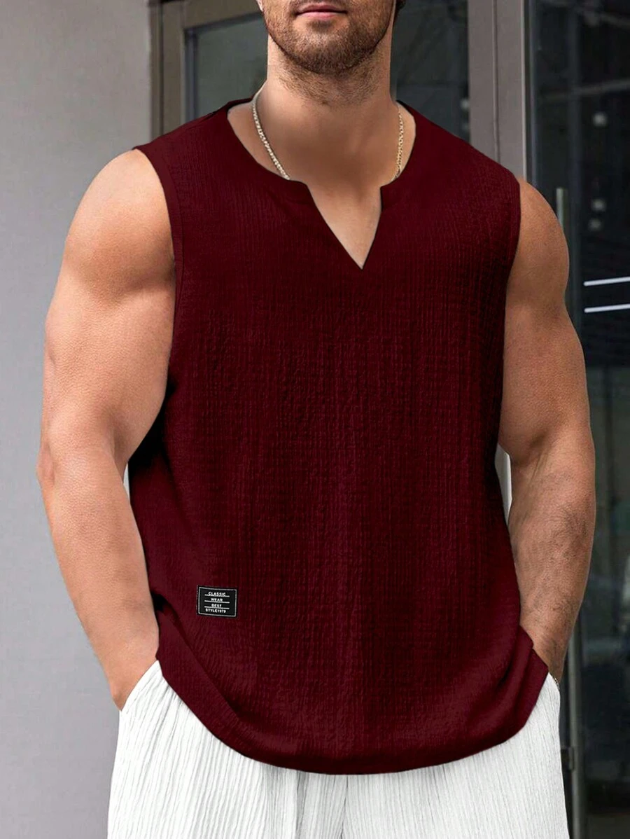 Manfinity Homme Men's Solid Color V-Neck Patch Casual Woven Tank Top Sleeveless For Menmen Red Topsleeveless Men