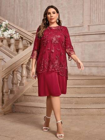 Bourgondië Ronde Hals Kant Patchwork Elegante Plus Size Moeder Van De Bruid Jurk, Geschikt Voor Familiebijeenkomsten, Verjaardagsfeestjes, Cocktails