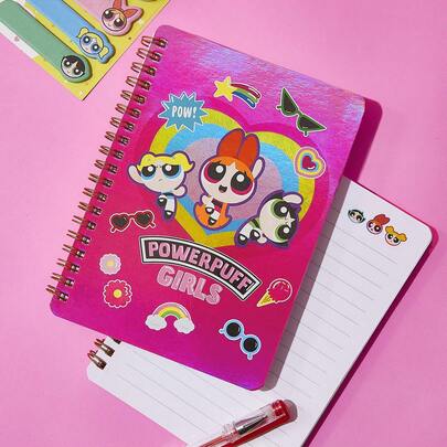 THE POWERPUFF GIRLS X SHEIN 1 Pc Cute Cartoon Figure Blossom, Bubbles, Buttercup & Heart Printed Coil Notebook, Suitable For School, Valentine's Day, Y2k