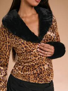 SHEIN SXY Fuzzy Patchwork Leopard Print Velvet Cardigan Sweater Bodycon T-Shirt For Women (Fluffy Cuff & Collar) Fall Winter Women Clothing - Brown - View 1