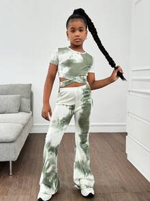 SHEIN 青少年女孩扎染圆领短袖上衣和喇叭裤休闲运动装，春夏 - 軍綠色 - 查看 6