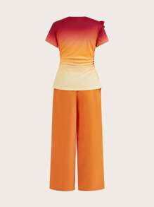 SHEIN LUNE Ensemble deux-pièces femme, T-shirt à col V à volants dégradé et pantalon, manches courtes, été - Multicolore - Voir 12