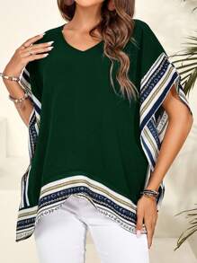Women's Summer Spliced ​​Web V-Neck Loose Shirt - Dark Green - View 3