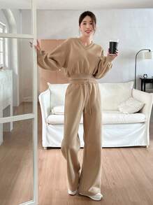 DAZY 2pcs Women's Loose Solid Color Cropped Sweatshirt And Pants Set,Fall Clothes,Thermal Lined Lounge Sets For Women - Apricot - View 5