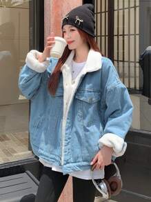 DAZY Women Shearling Patchwork Denim Jacket - Medium Wash - View 8