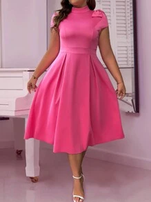 SHEIN Unity Plus Size Women's Solid Color Knit Stand Collar Dress With Bowknot On Shoulder And A-Line Silhouette Maxi Women Outfit