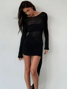 Aloruh Black Semi-Sheer Long Sleeve Midriff-Flattering Tie Mini Bodycon Dress For Women
