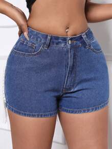 SHEIN SXY Rhinestone Tassel Decorated Slim Fit Denim Shorts - Blue - View 5