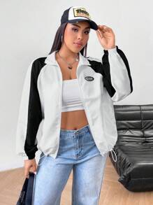 SHEIN EZwear Plus Size Women Black & White Contrasting Casual Bomber Jacket With Pockets, Fall/Winter Back To School - Black and White - View 4