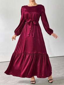 Al Najma Burgundy Red Women's Elegant Arabian Dress With Crew Neck, Lantern Sleeves And Ruffle Hem Modest Long Sleeve Elegant Style For Casual Daily/Work/Holiday/Evening Parties/Wedding Guest Arabian Dress - Burgundy - View 3