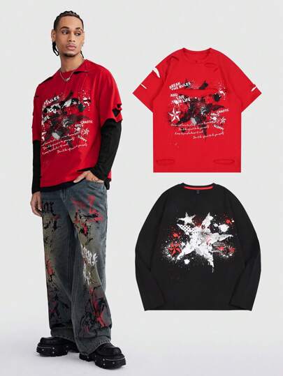 ROMWE Avant Camiseta desgastada 2 en 1 para hombre