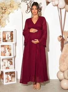 Loomaby Gender Reveal Dress Burgundy Maternity Spring/Autumn Elegant Solid Color Bell Sleeve Dress For Baby Shower Party - Burgundy - View 6