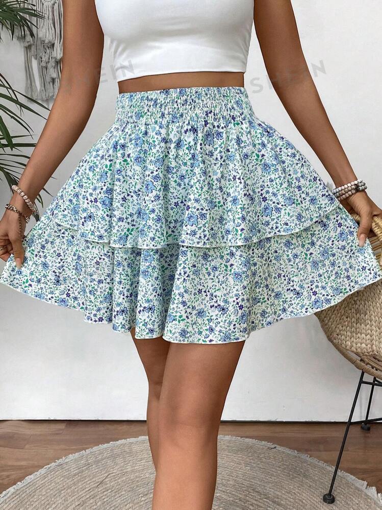 SHEIN VCAY Women s Ditsy Floral Drawstring Waist Double Ruffle Hem Short Skirt For Vacation SHEIN USA