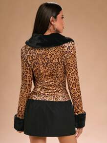 SHEIN SXY Fuzzy Patchwork Leopard Print Velvet Cardigan Sweater Bodycon T-Shirt For Women (Fluffy Cuff & Collar) Fall Winter Women Clothing - Brown - View 2