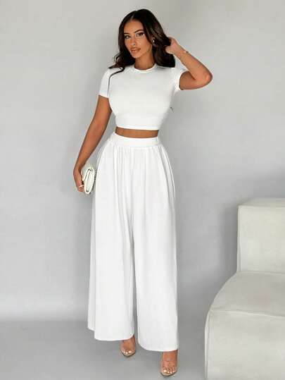 SHEIN SXY Women's Summer Casual Solid Color Slim Fit Cropped T-Shirt And Wide-Leg Pants Set