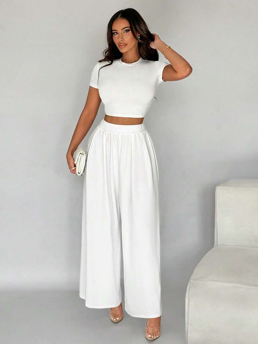 SHEIN SXY Women's Summer Casual Solid Color Slim Fit Cropped T-Shirt And Wide-Leg Pants Set - White - View 1